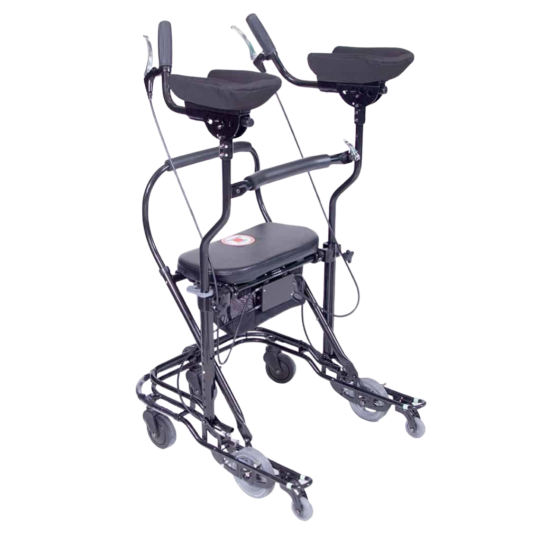 The U-Step Neuro Walking Stabilizer is a black rollator with four wheels, padded forearm supports, a reverse braking system, a compact seat, and a sturdy frame for support—ideal for users with neurological conditions.